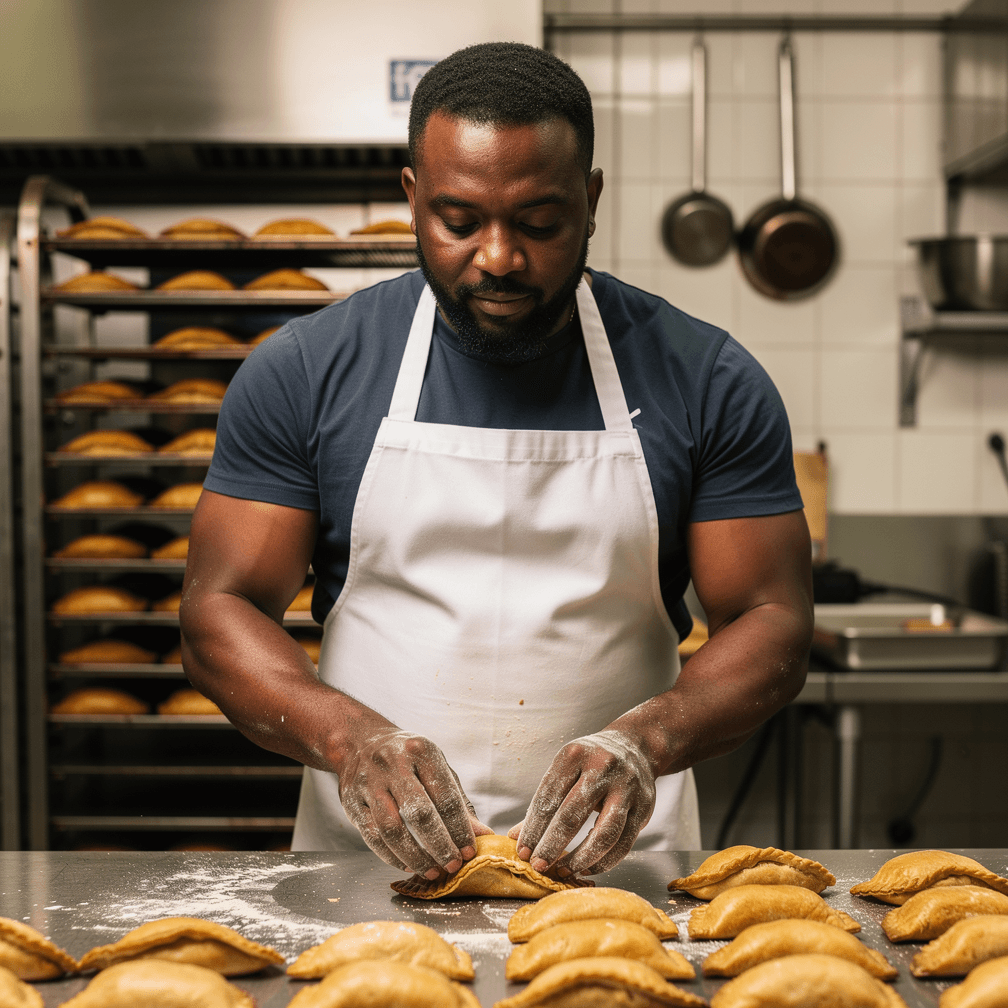 Kerrite Bedward preparing fresh Jamaican patties by hand